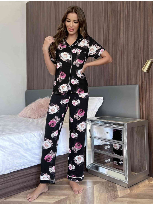 Floral Short Sleeve Shirt and Pants Lounge Set NicholesGifts