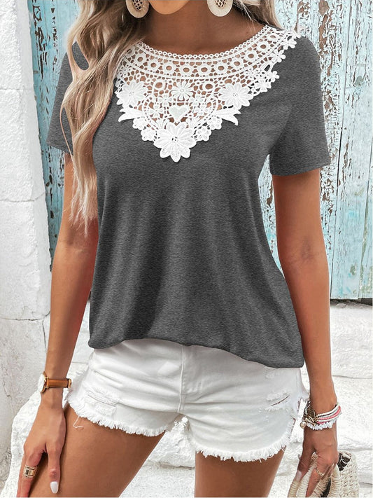 Women spliced lace contrast short sleeve casual top with round neck and floral lace detail in gray color