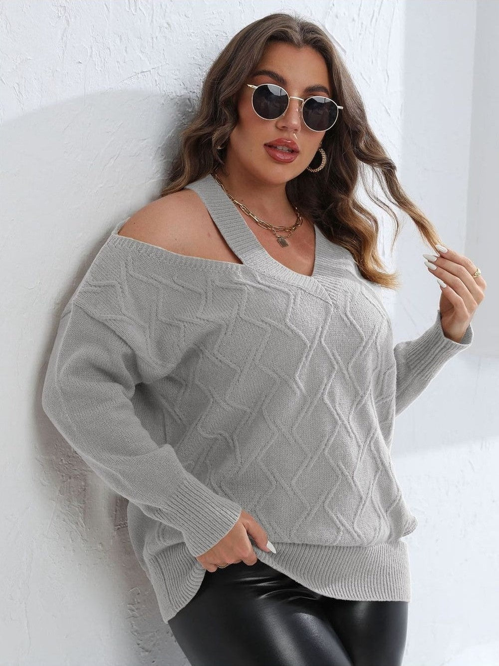 Plus Size Women Cutout V-Neck Sweater NicholesGifts
