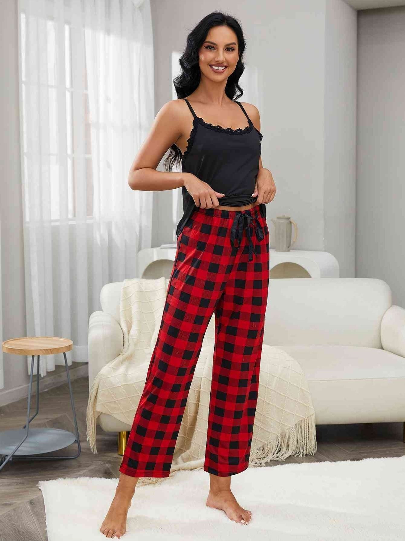 Women Lace Trim Cami and Plaid Pants Lounge Set