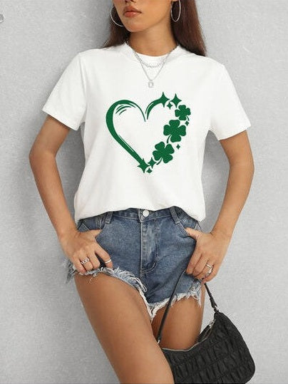 Heart Lucky Clover Round Neck Short Sleeve T-Shirt