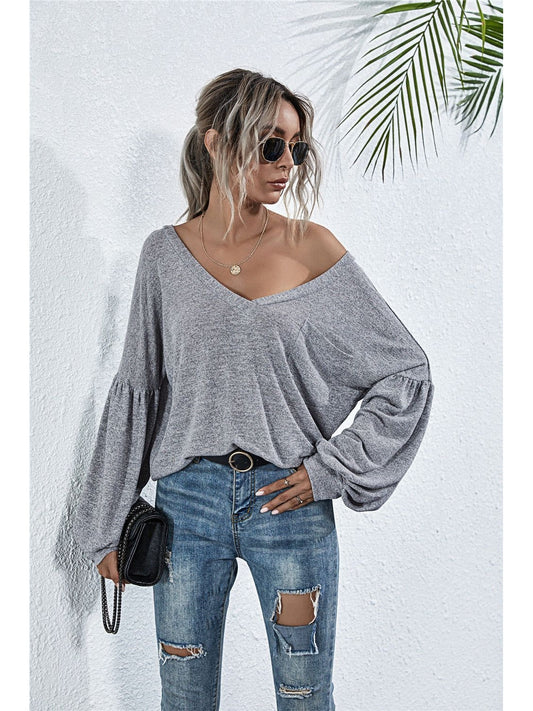 Women V-Neck Long Sleeve Dropped Shoulder Knit Top NicholesGifts