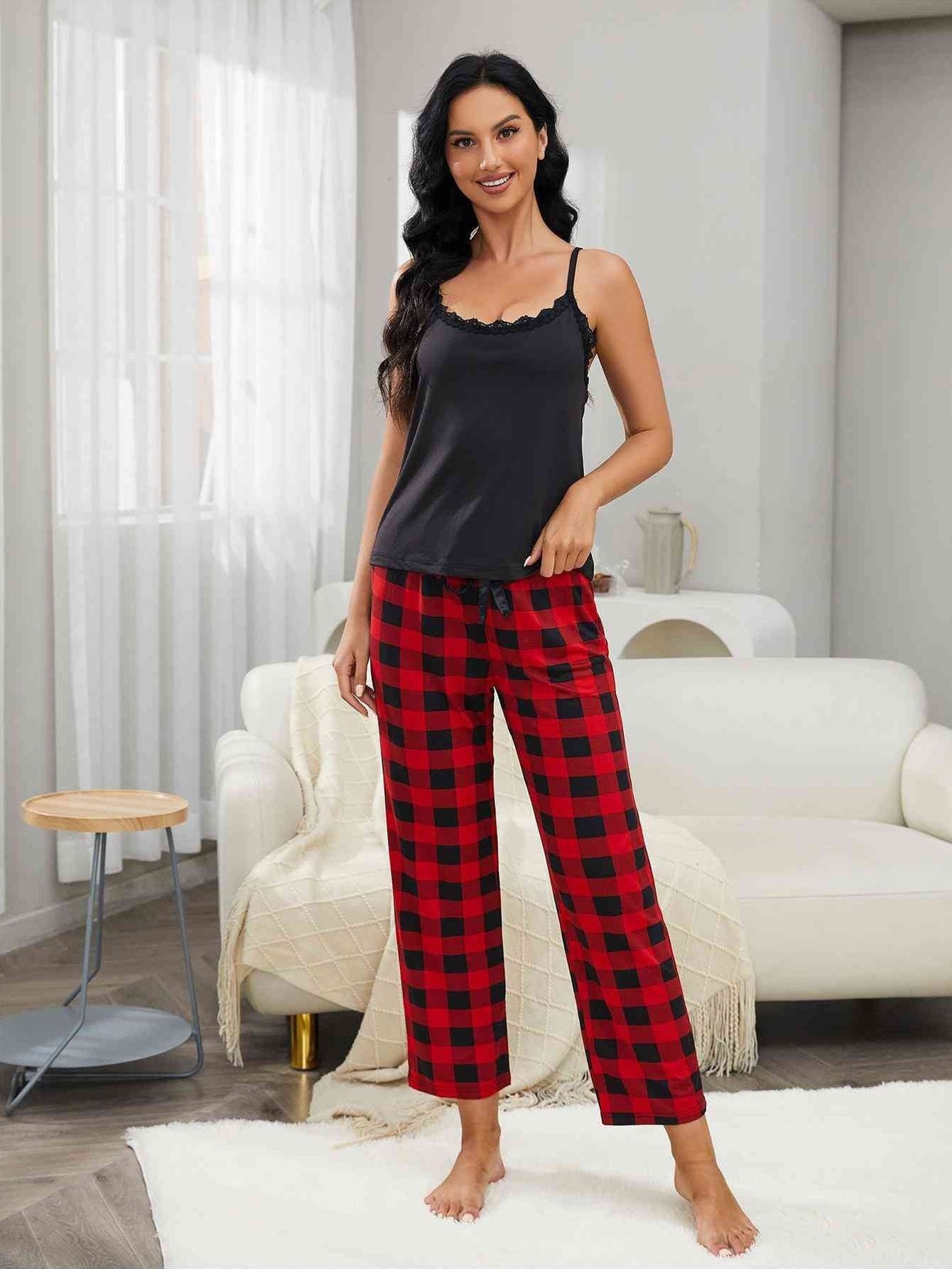 Women Lace Trim Cami and Plaid Pants Lounge Set