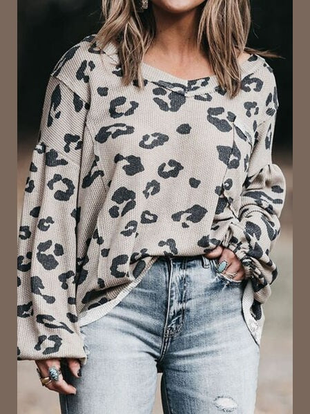 NicholesGifts Plus Size Women Leopard V-Neck Dropped Shoulder Long Sleeve T-Shirt NicholesGifts