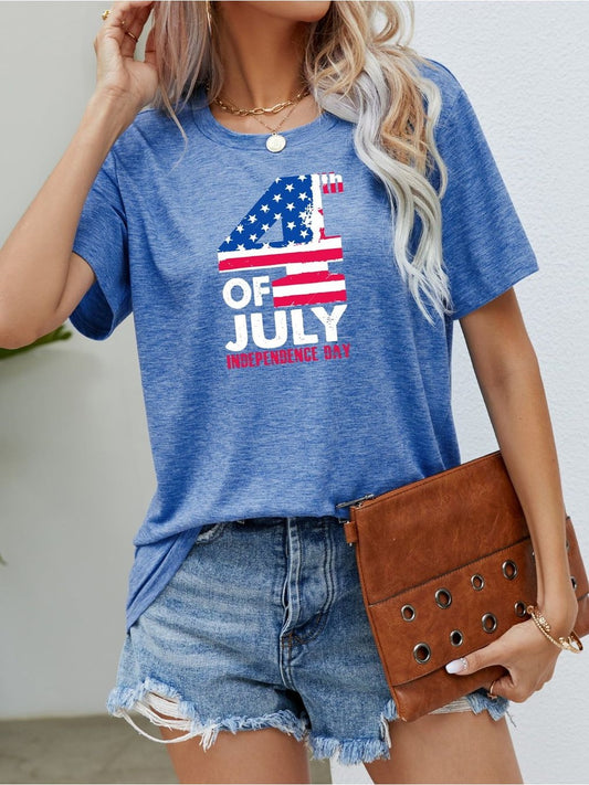 Women 4th OF JULY casual graphic tee with US flag design, round neck, short sleeves, blue color, slightly stretchy fabric