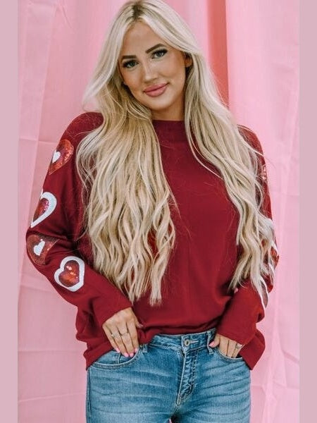 Women Heart Sequin Round Neck Long Sleeve Valentine's Day T-Shirt NicholesGifts