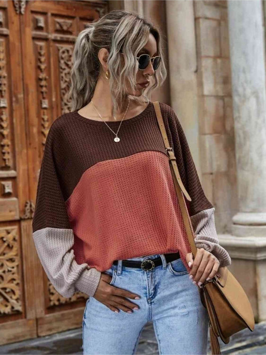 Women Color Block Waffle-Knit Long Sleeve Top NicholesGifts