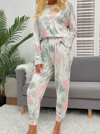 Tie-Dye Round Neck Top and Drawstring Pants Lounge Set NicholesGifts