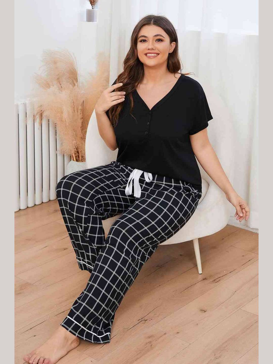Women Plus Size V-Neck Top and Plaid Pants Lounge Set