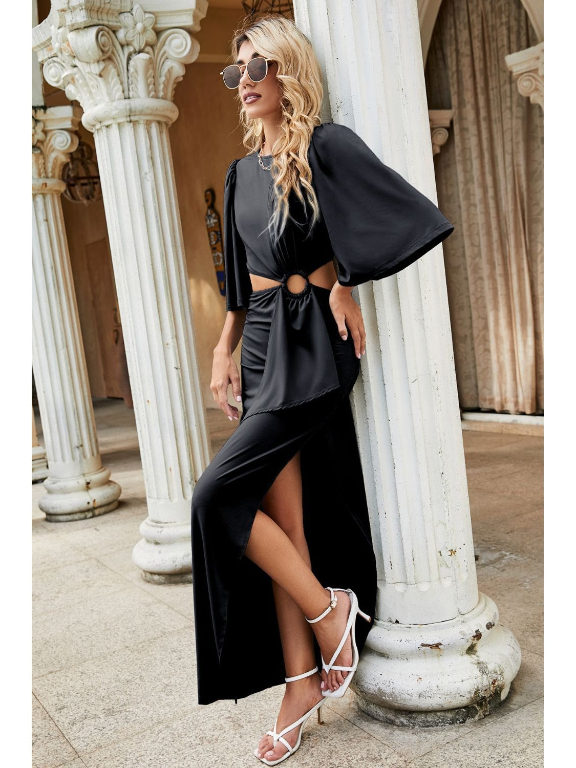 Women Cutout Split Puff Sleeve Maxi Dress NicholesGifts