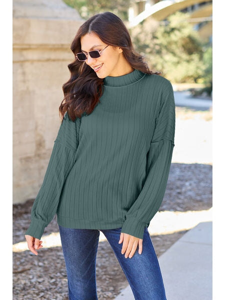 Women Basic Full Size Ribbed Exposed Seam Mock Neck Knit Top NicholesGifts