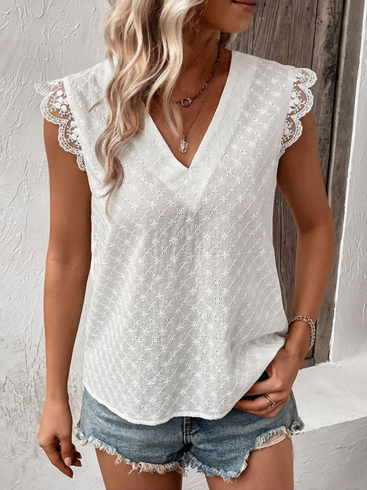 Women V-Neck Cap Sleeve Spliced Lace White Top NicholesGifts