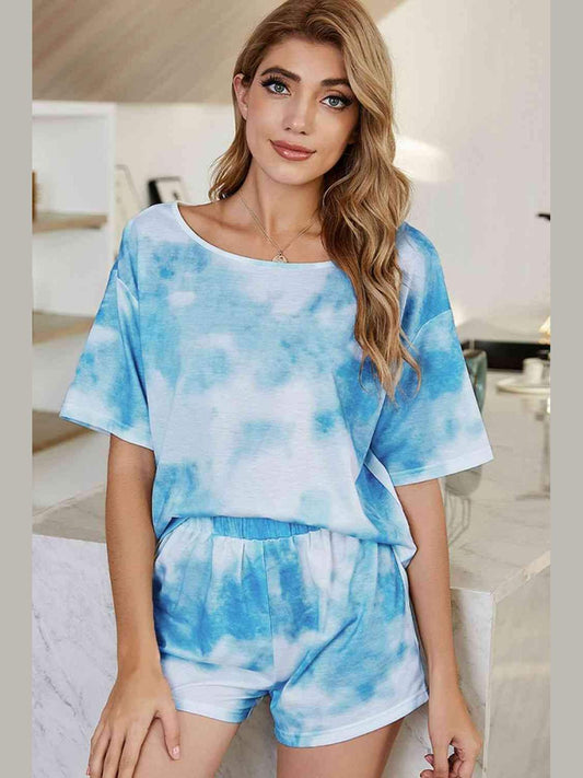 Women Tie-Dye Boat Neck Top and Shorts Lounge Set