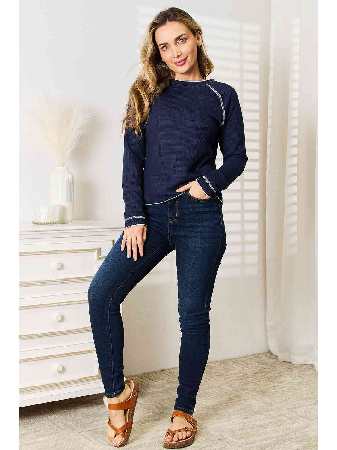 Women Basic Long Raglan Sleeve Round Neck Top NicholesGifts