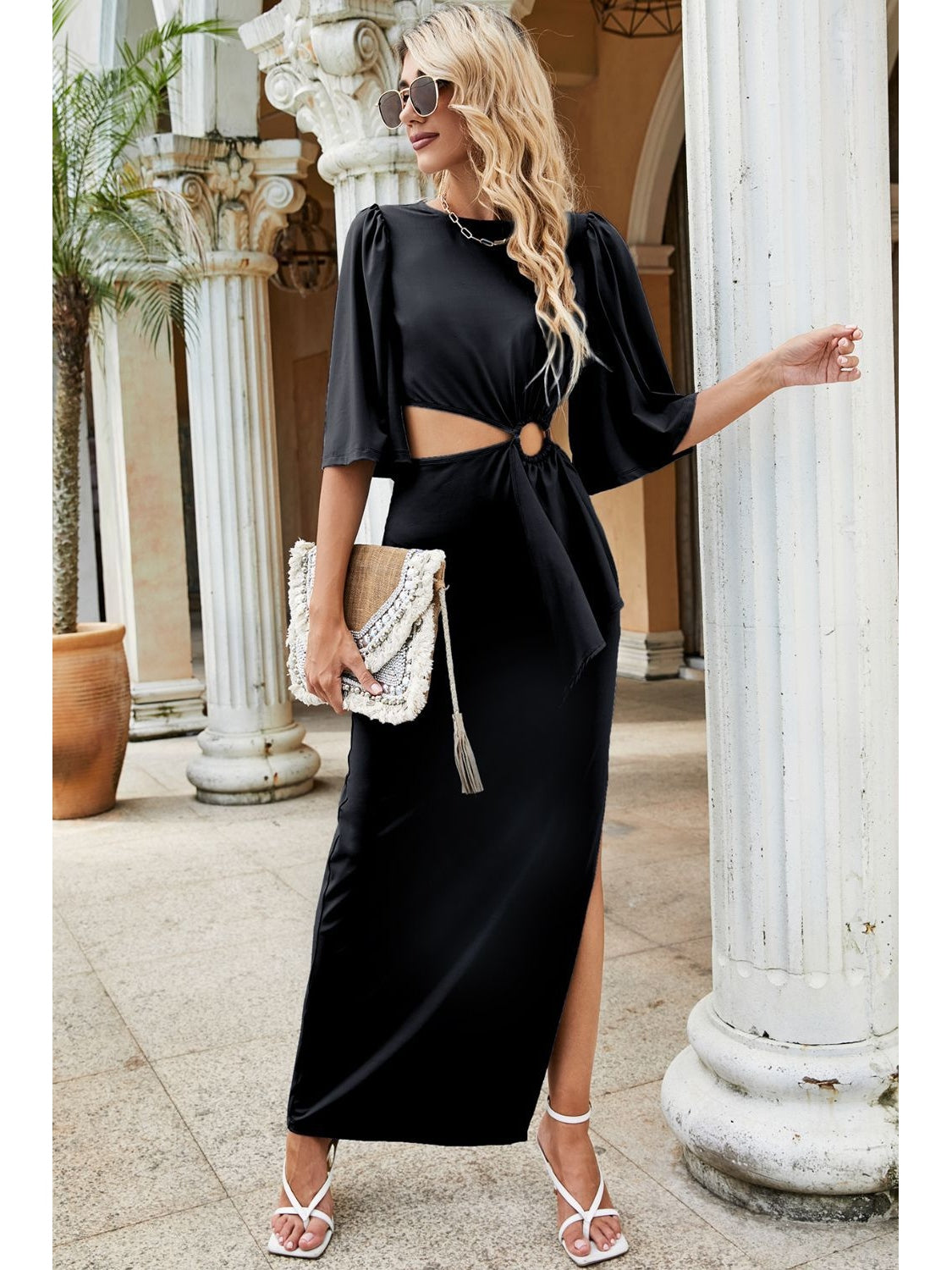 Women Cutout Split Puff Sleeve Maxi Dress NicholesGifts