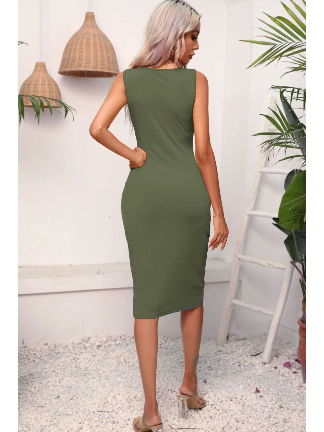 Women Drawstring Ruched Slit Sleeveless Dress