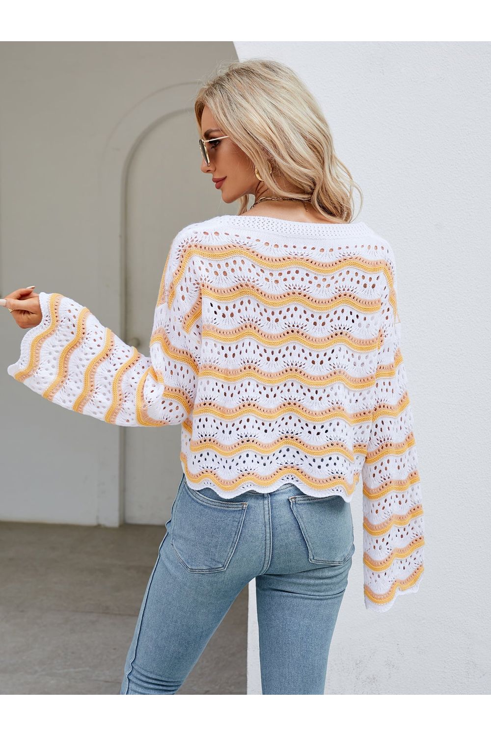 Women Round Neck Openwork Flare Sleeve Knit Top
