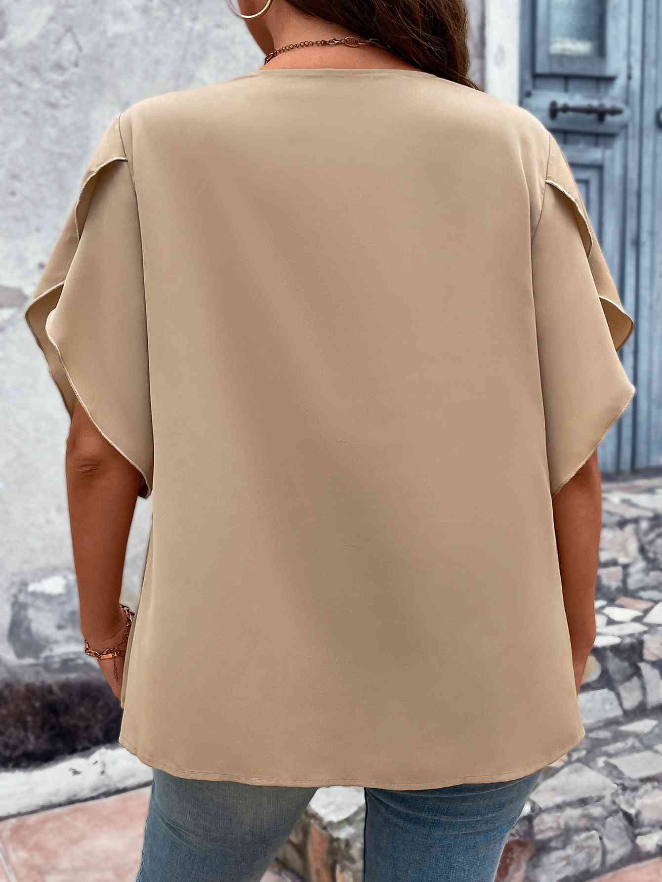 Plus Size Women Tan Colored V-Neck Flutter Sleeve Blouse NicholesGifts