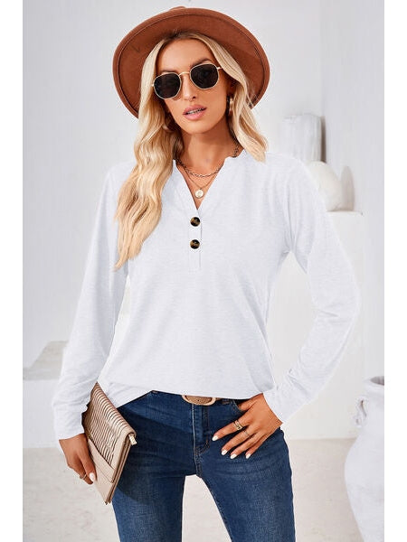 Notched Button Detail Long Sleeve T-Shirt NicholesGifts
