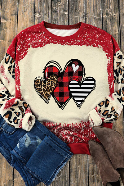 Women Heart Leopard Round Neck Valentine's Day Sweatshirt