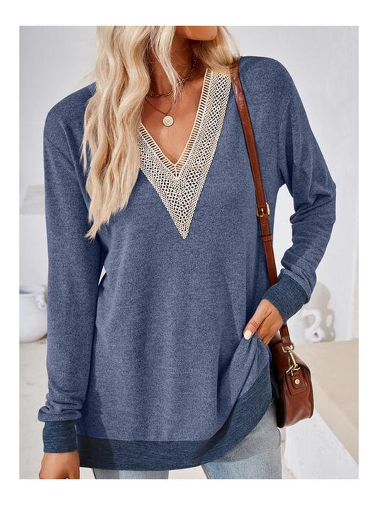 Women Crochet Contrast V-Neck Long Sleeve Slit T-Shirt NicholesGifts