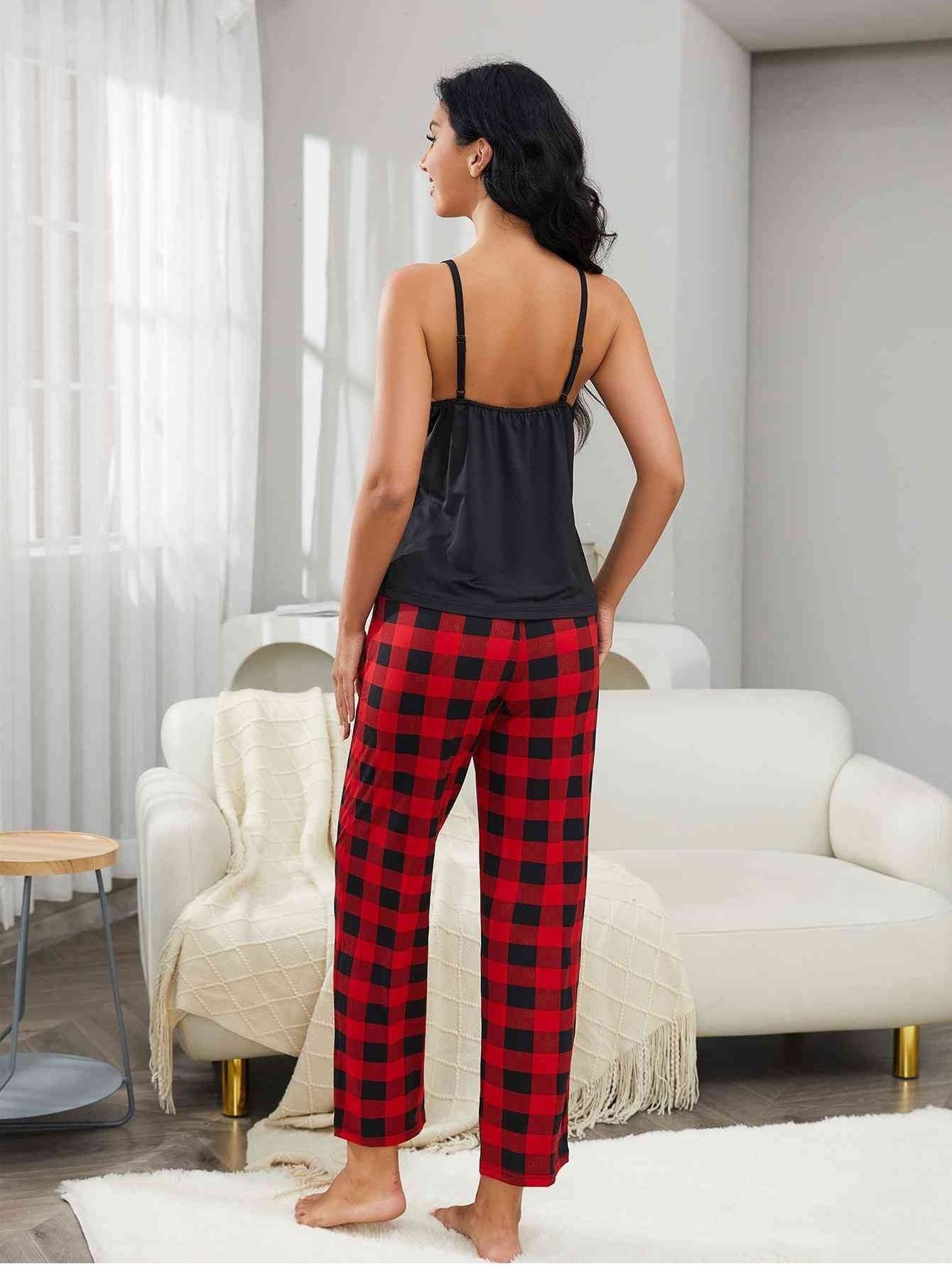 Women Lace Trim Cami and Plaid Pants Lounge Set