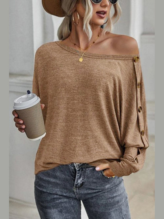 Women Boat Neck Buttoned Long Sleeve T-Shirt NicholesGifts