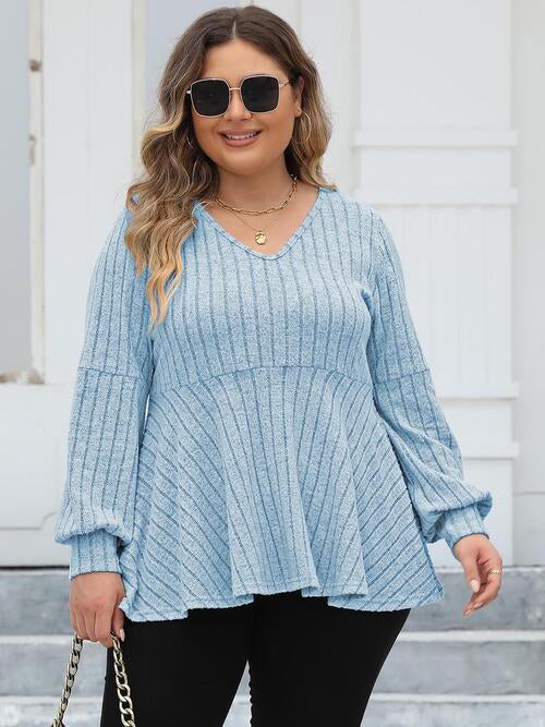 Plus Size Women Ribbed V-Neck Long Sleeve Blouse NicholesGifts