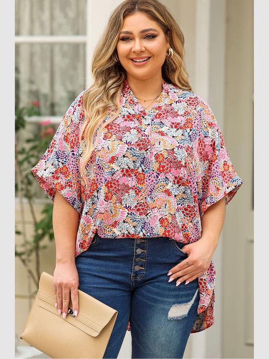 Plus Size Women Printed Notched Neck Half Sleeve Top NicholesGifts