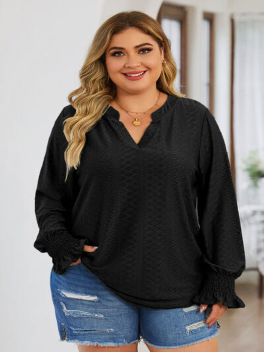 Plus Size Women Eyelet Notched Flounce Sleeve Blouse
