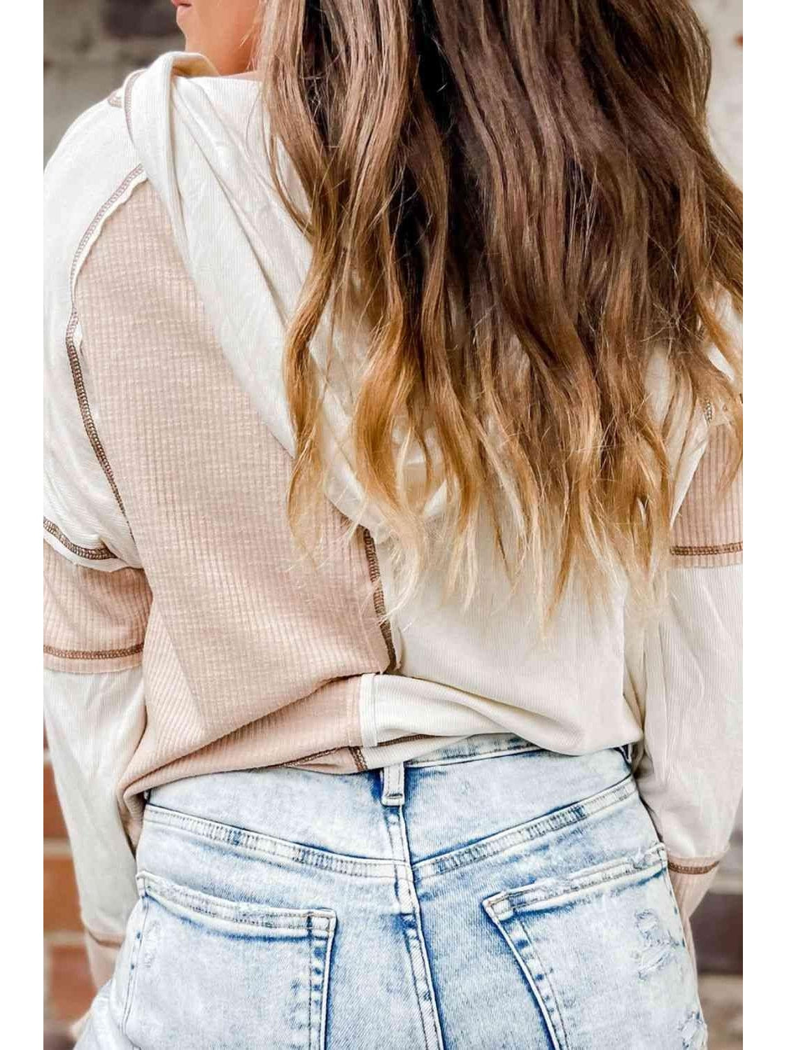 Women Exposed Seam Color Block Hoodie with Drawstring