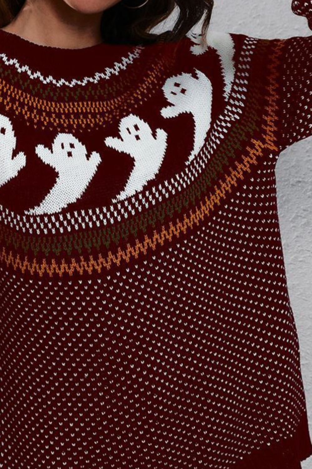 Women Halloween Ghost Pattern Round Neck Long Sleeve Sweater NicholesGifts