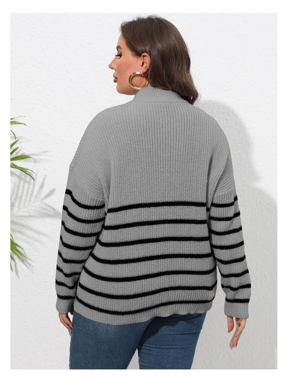 Plus Size Women Zip-Up Striped Sweater