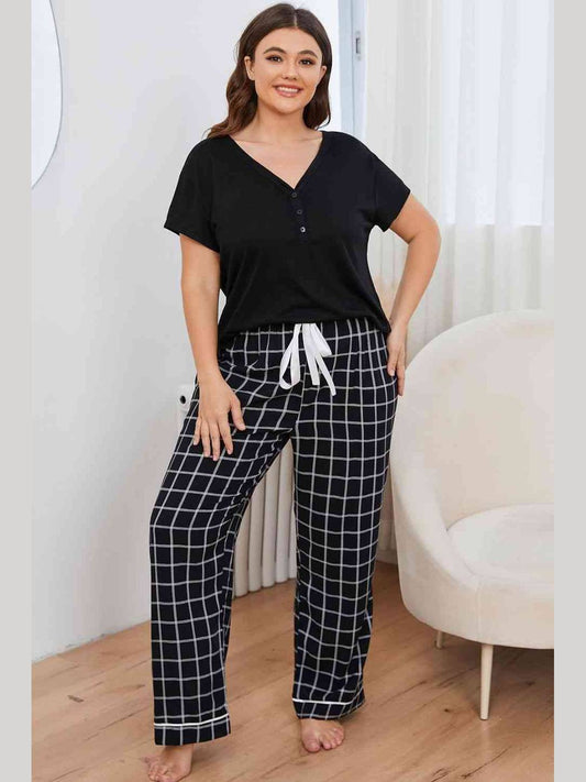 Women Plus Size V-Neck Top and Plaid Pants Lounge Set