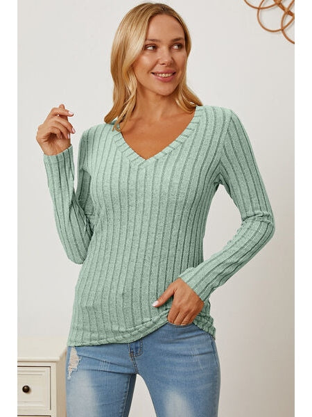 Women Basic Full Size Ribbed V-Neck Long Sleeve T-Shirt