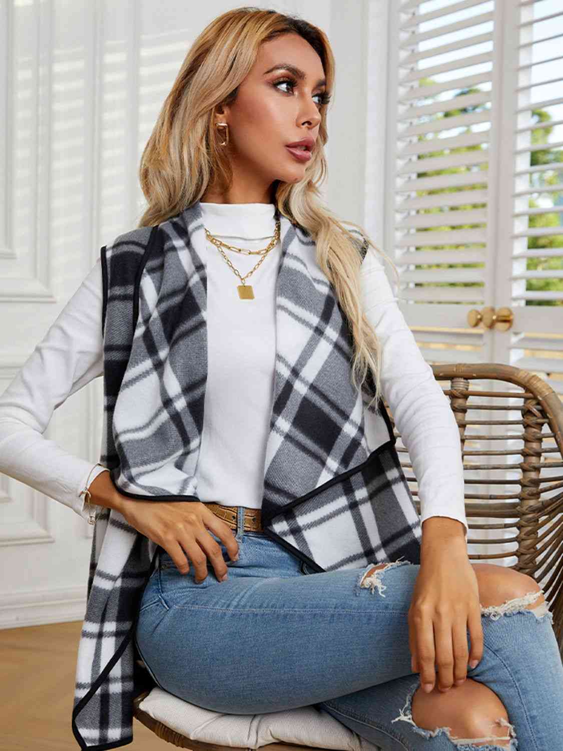 Women Plaid Open Front Vest