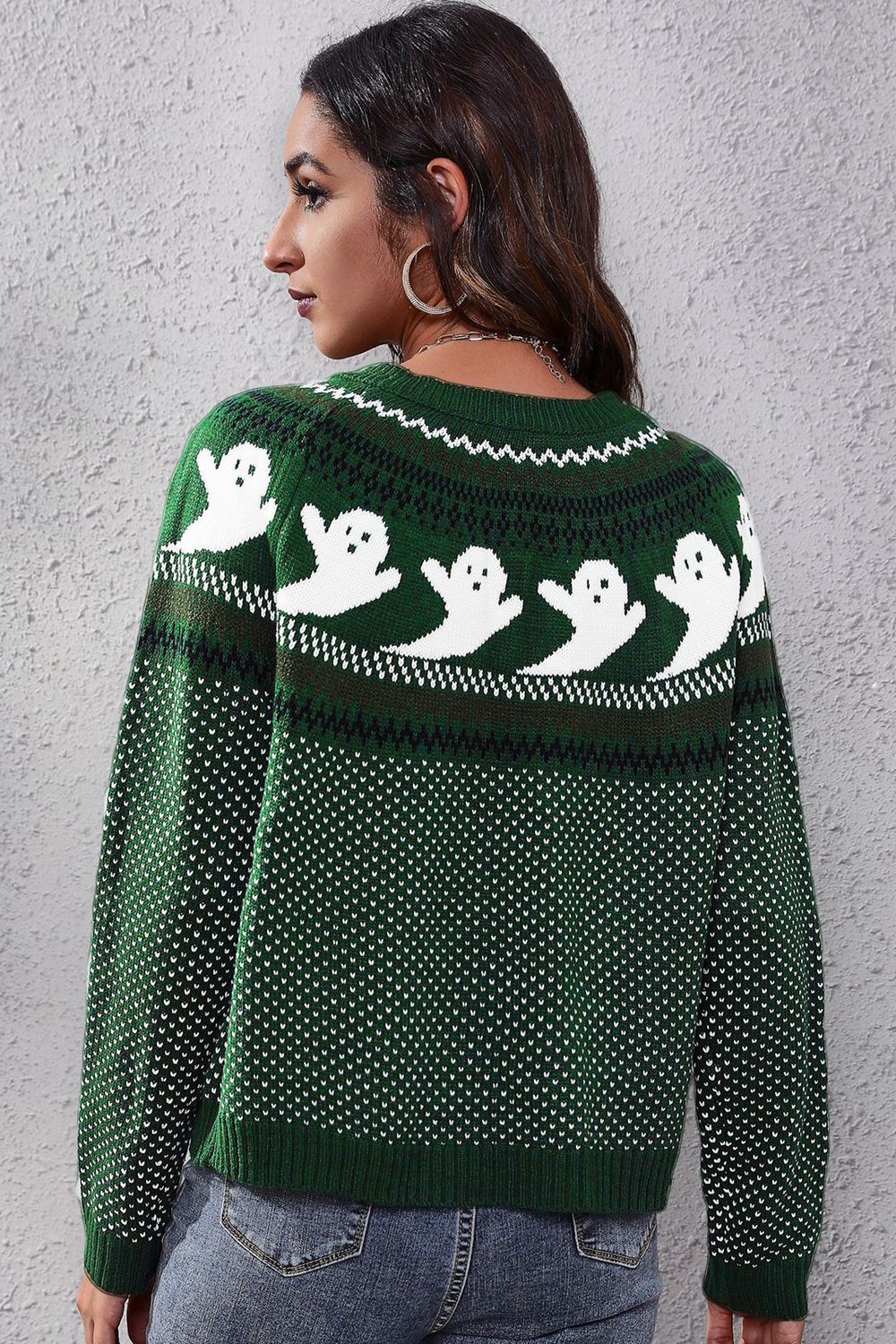 Women Halloween Ghost Pattern Round Neck Long Sleeve Sweater NicholesGifts