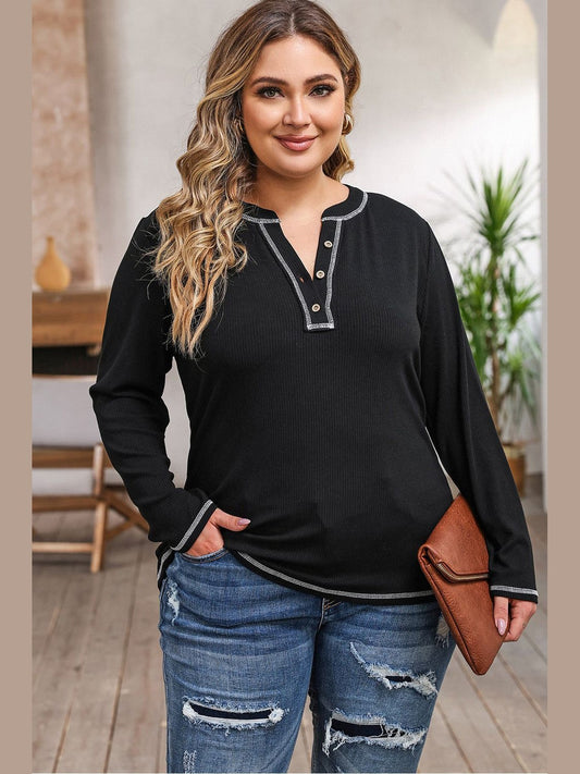 Plus Size Women Notched Neck Long Sleeve T-Shirt NicholesGifts
