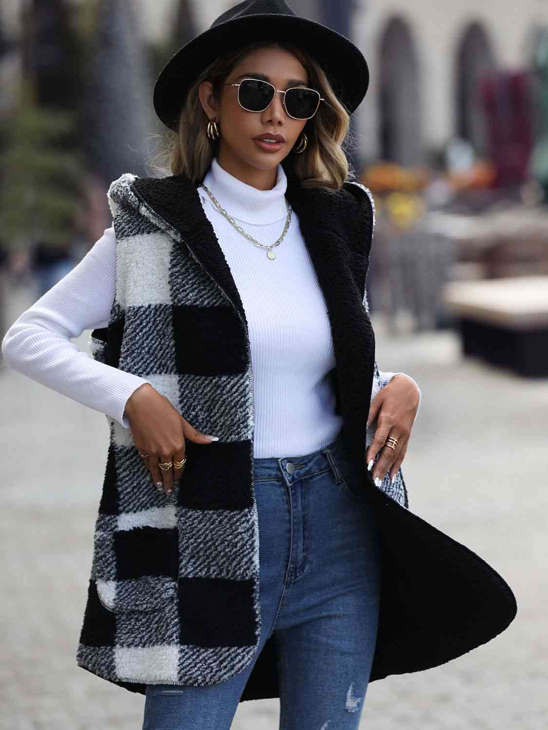 Women Plaid Hooded Vest with Pockets NicholesGifts