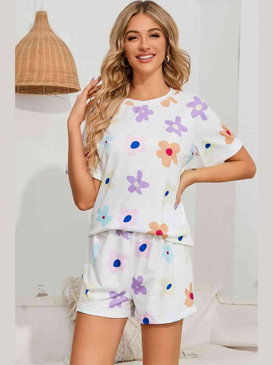 Women Floral Round Neck Raglan Sleeve Top and Shorts Lounge Set