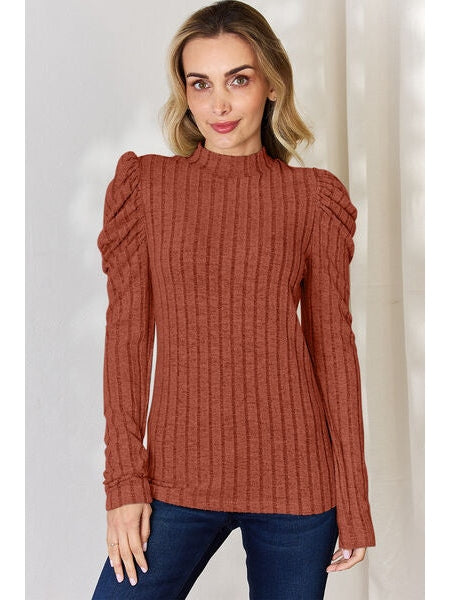 Women Basic Full Size Ribbed Mock Neck Puff Sleeve T-Shirt