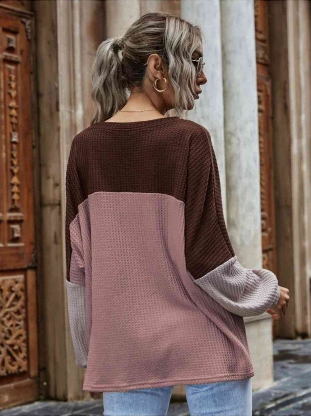 Women Color Block Waffle-Knit Long Sleeve Top NicholesGifts