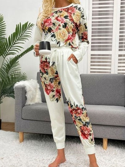 Printed Round Neck Top and Drawstring Pants Lounge Set