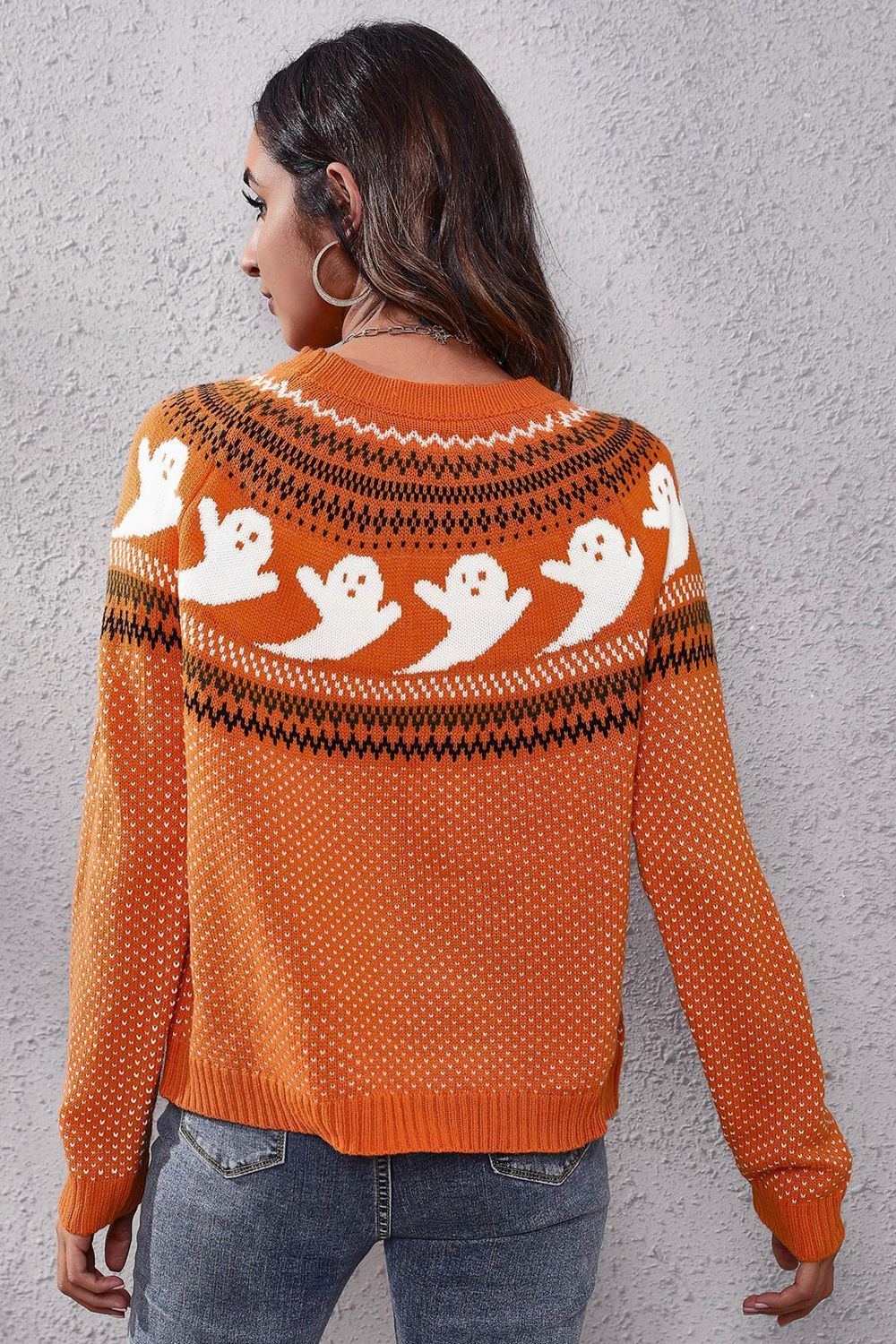 Women Halloween Ghost Pattern Round Neck Long Sleeve Sweater NicholesGifts