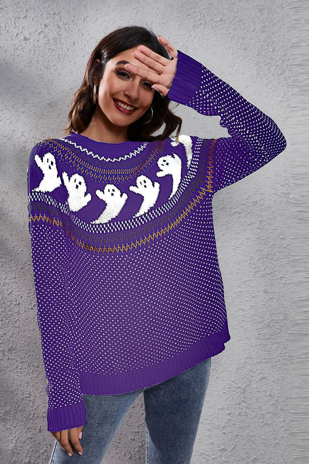 Women Halloween Ghost Pattern Round Neck Long Sleeve Sweater NicholesGifts