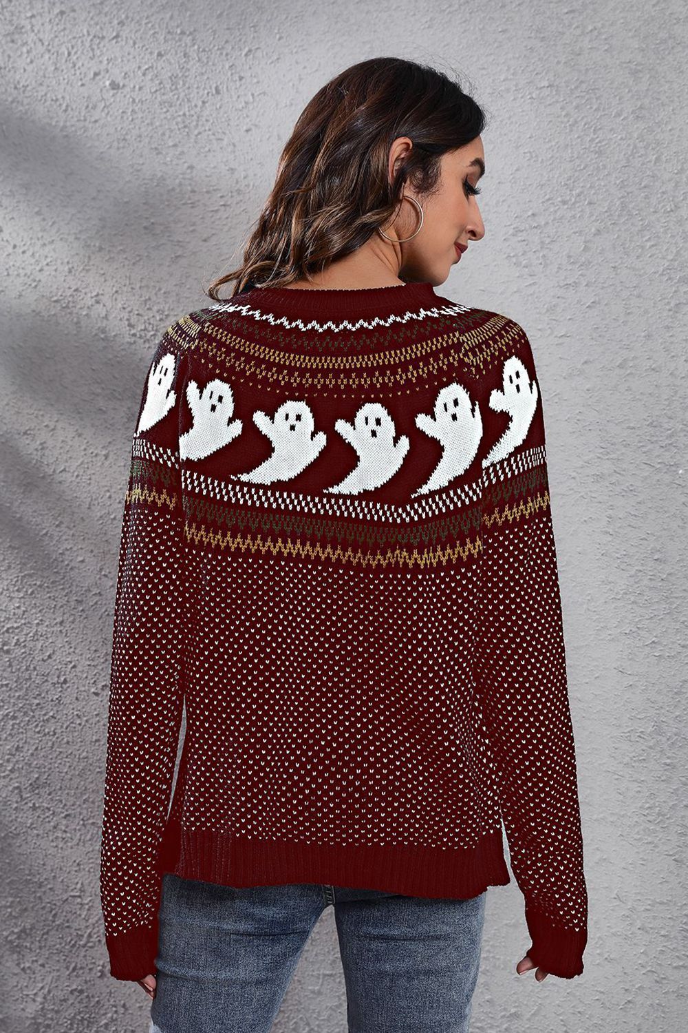 Women Halloween Ghost Pattern Round Neck Long Sleeve Sweater NicholesGifts