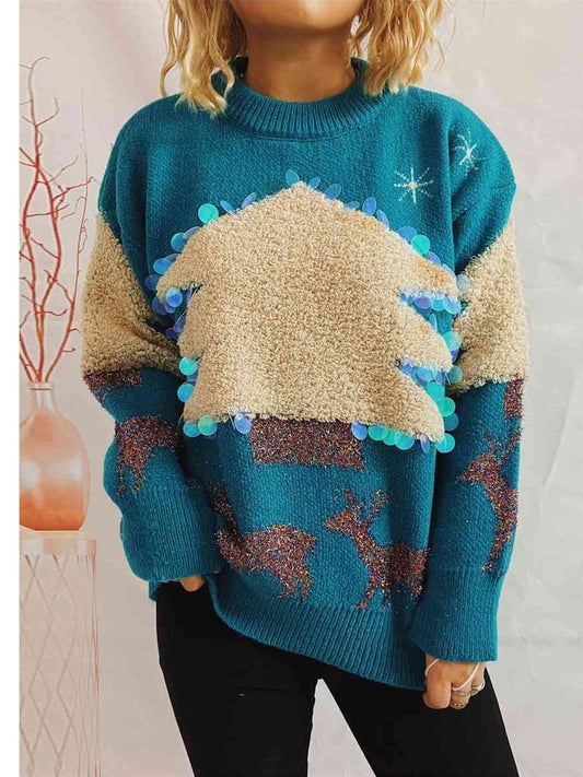 Women Sequin Christmas Tree & Reindeer Round Neck Sweater NicholesGifts