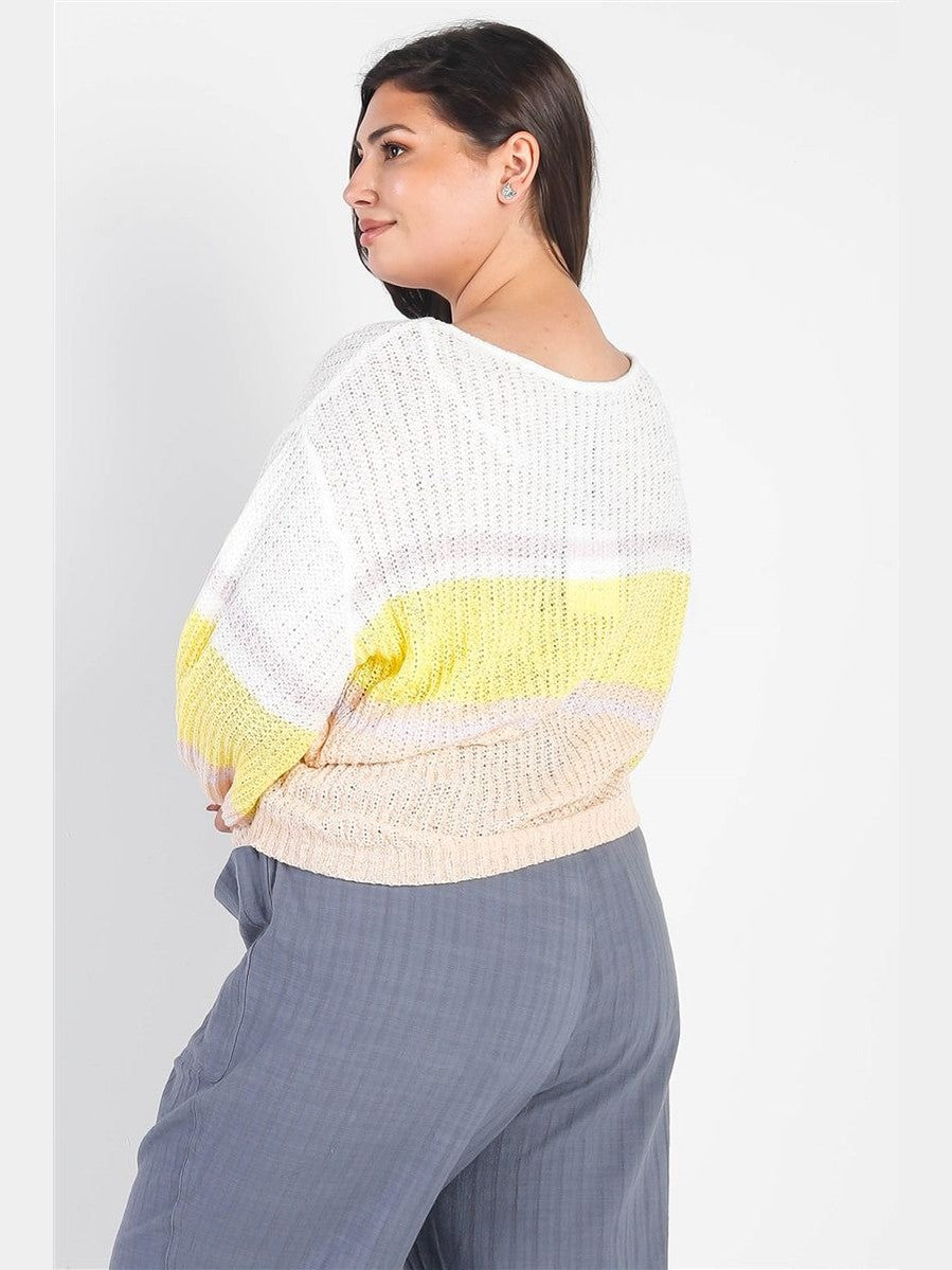 Plus Size Women White & Lemon Knit Stripe Long Sleeve Top nicholesgifts