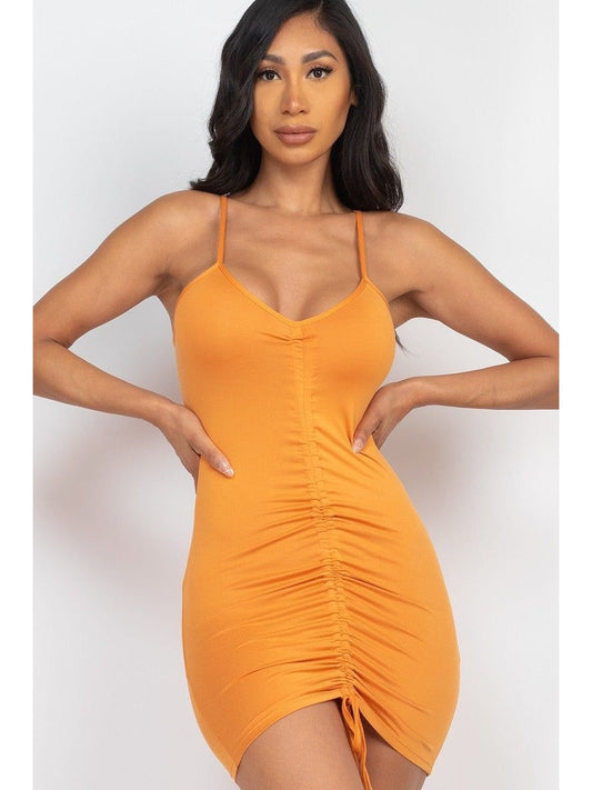 Women adjustable ruched front detail mini dress in tomato cream with soft stretchy fabric