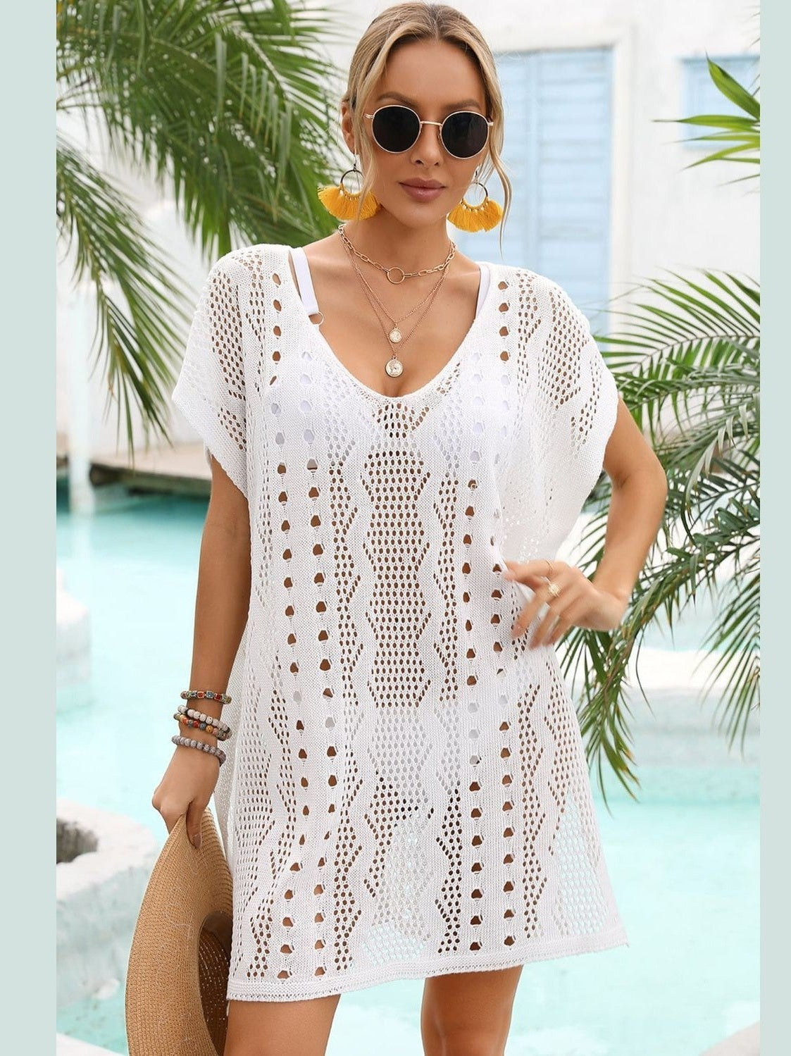Women Openwork Plunge Dolman Sleeve Cover-Up Dress NicholesGifts